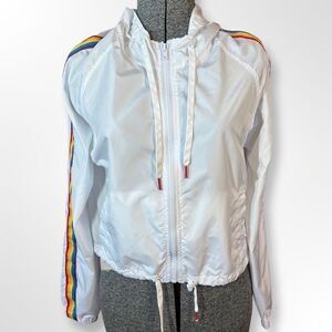 Zumiez A.lab White Cropped WindBreaker With Rainbow Stripe on Arm